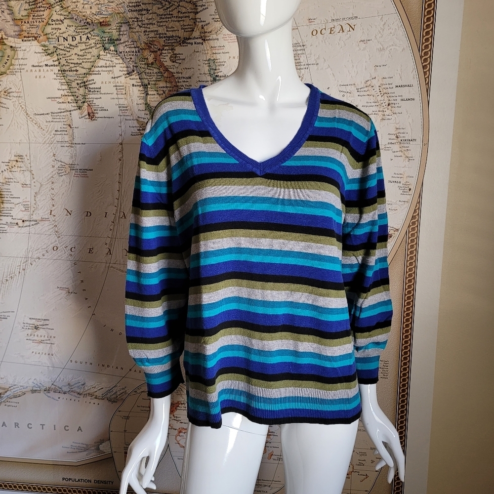 Studio Works Blue Olive Gray Striped V-Neck Light Sweater Nautical Preppy 2X